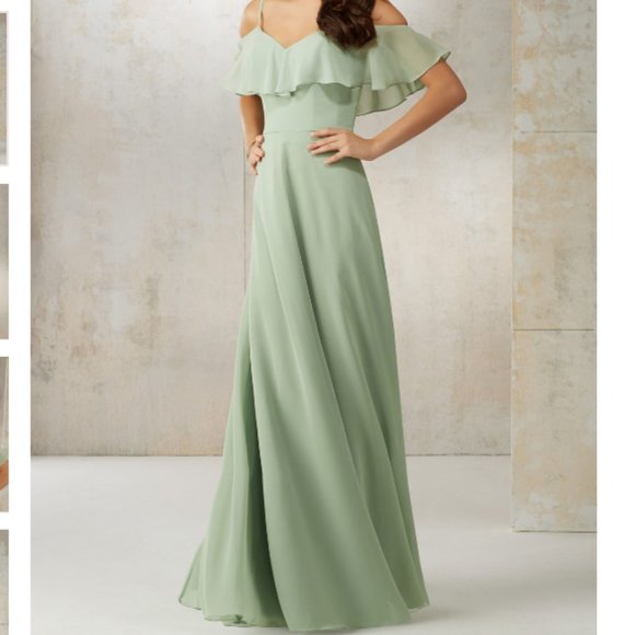 Mori Lee Chiffon Fawn Grad or Bridesmaids Dress Off the Shoulder Size 8 - Picture 3 of 12